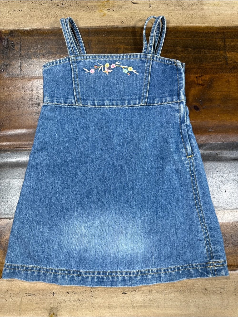 Old Navy Girls' Denim Pinafore Dress with Floral Embroidery - Blue
